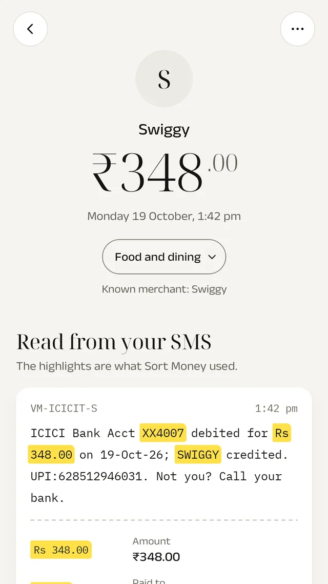 A payment of ₹348 to Swiggy with the bank's SMS below it, the amount, payee and account highlighted.