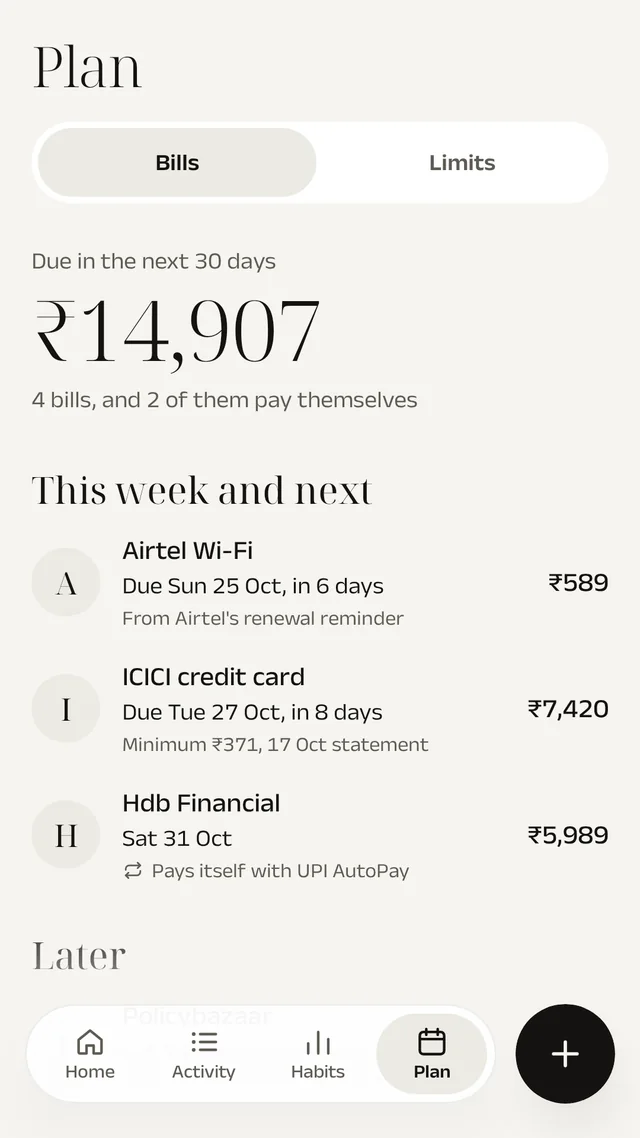 Plan: an ICICI credit card bill due in 8 days with its minimum amount, found in a statement message.
